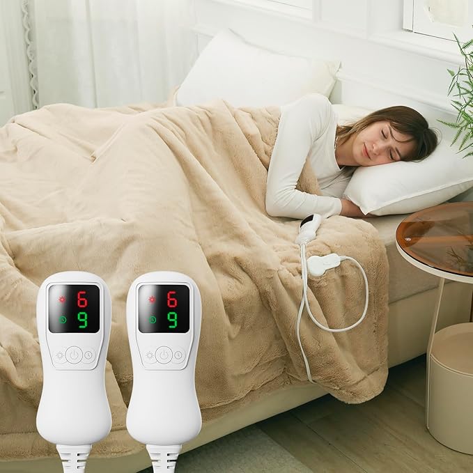 Electric Heated Blanket King Size, Faux Fur Heat Blanket, Super Soft Cozy Heating Blanket with 9 Heating Levels & 1-9 Hours Auto Off, Fast Heat & Overheat Protection, 100" x 90", Beige
