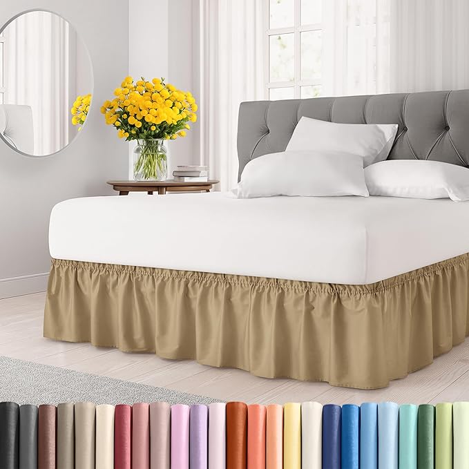 Wrap Around Dust Ruffle Bed Skirt - Beige - for King Size Beds w/ 14 Inch Drop - Easy Fit Elastic Strap - Adjustable Pleated Bedskirt w/Brushed Fabric, Wrinkle & Fade Free Women, Men, Kids & Teens