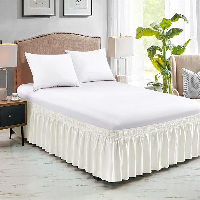 FreshCulture Queen Bed Skirt, Elastic Wrap Around Bed Skirt Queen Size, Bed Skirts for Adjustable Bed, Easy Fit with 22 Inch Drop Length, Hotel Quality Dust Ruffle for Queen Bed (Ivory)
