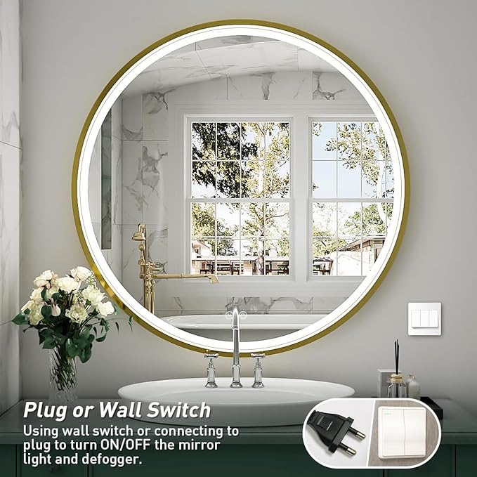 36" Round LED Bathroom Mirror, Dimmable Anti-Fog Vanity Mirror with Touch Control, 6000K Natural Light, Gold Metal Frame, Wall Mounted for Makeup Shaving (IP54, 90+ CRI)