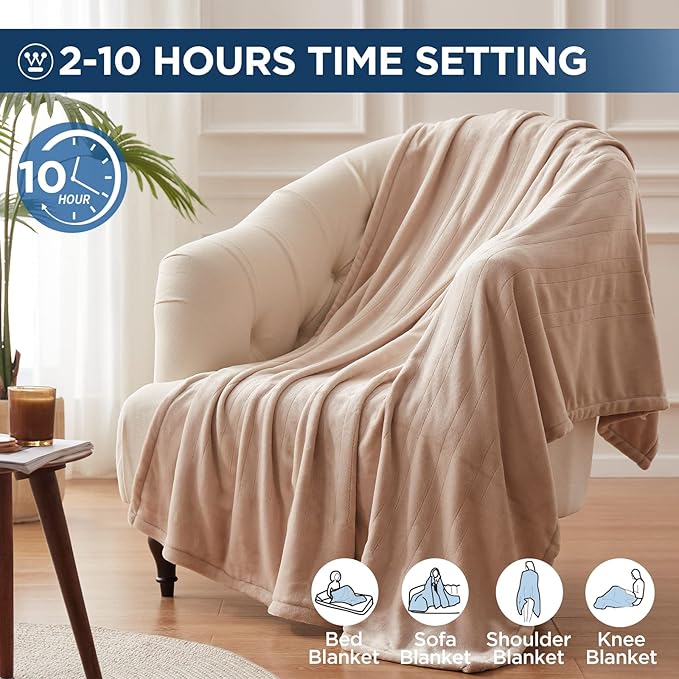 Westinghouse Electric Blanket Heated Throw, Super Cozy Soft Flannel 50"" x 60"" Heated Throw with 6 Fast Heating Levels & 2-10 Auto-Off, Machine Washable, ETL&FCC Certification, Home Office Use, Beige