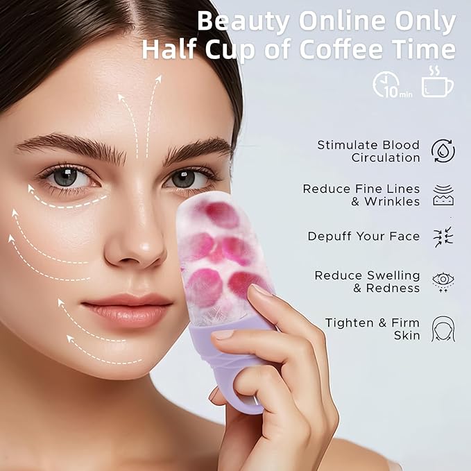 3 Pcs Facial Ice Roller Silicone Mold Reusable for Face Women and Eye Neck Cold Skin Care Tools Freezer De Puff Eye Bags Reduce Migraine Pain Pink 1 + Purple 2