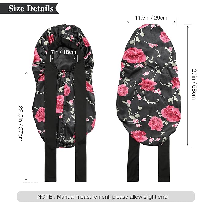 AWAYTR Long Satin Bonnet for Women - Double Layer Elastic Silk Bonnet for Braids Hair Sleeping Cap with Tie Band (Flower C)