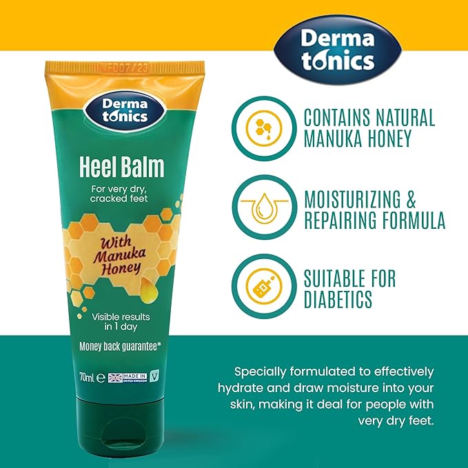 Dermatonics Foot Cream with Manuka Honey, Heel & Elbow Treatment, Exfoliating, Moisturizing Care for Cracked Heels and Dry Skin - 2.37 fl oz Tube