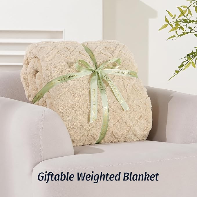 Wemore Weighted Blanket for Adults Twin Size 15 lbs, Dual Sided Soft Fuzzy Jacquard Sherpa Weighted Blankets for Sleeping, Cozy Fluffy Knitted Heavy Blanket for Couch Bed, Khaki, 60 x 80 inches