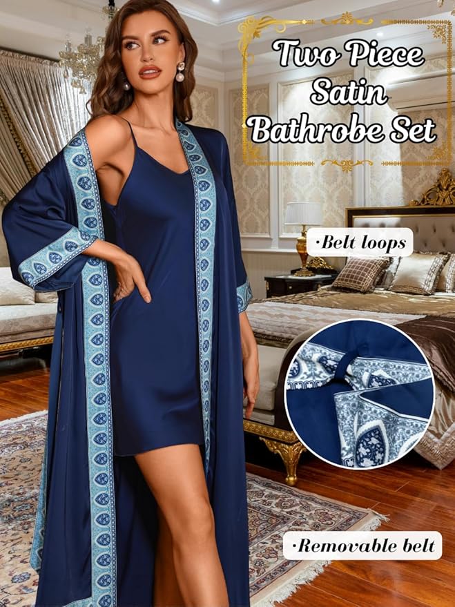 Satin Robe Sets For Women, 2-PC Lightweight Bathrobe, Silk Sleepwear Kimono Bridesmaid Sexy Robes