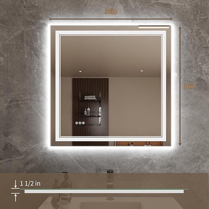 Bathroom Mirror with Lights 36"X36" with Front Light and Backlit, Tempered Glass, Wall Mount Horizontal/Vertical, Stepless Dimmable, 3 Colors, Anti Fog, Bathroom Memory LED Mirror