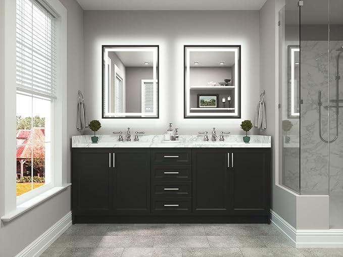 TETOTE 28 x 36 Bathroom LED Mirror Brushed Black Metal Frame Frontlit & Backlit Anti-Fog Stepless Dimmable 3 Colors White/Warm/Natural Mirror with Lights Wall-Mounted