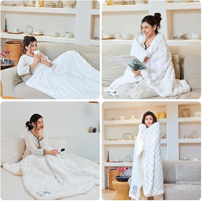 Electric Blanket, Heated Blanket with 6 Heat Levels & 10 Hours Auto Off, Soft Checked Flannel Fast Heating Blanket with ETL & FCC Certification (White, 72"X84")