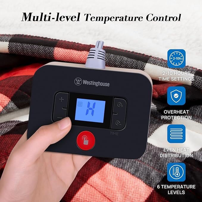 Westinghouse Full Size Heated Blanket Electric Blanket, Flannel & Sherpa Heating Blanket with10 Heating Levels & 1 to 12 Hours Heating Time Settings, Fast Heating Blanket Red Plaid, 72x84 Inches