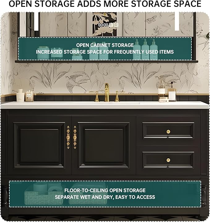 48" Bathroom Vanity with Sink,Freestanding Bathroom Vanity Large Storage Cabinet & Open Mirror Cabinet,2 Soft Closing Doors and 2 Drawers Solid Wood Luxury Bathroom Vanities Set,Black