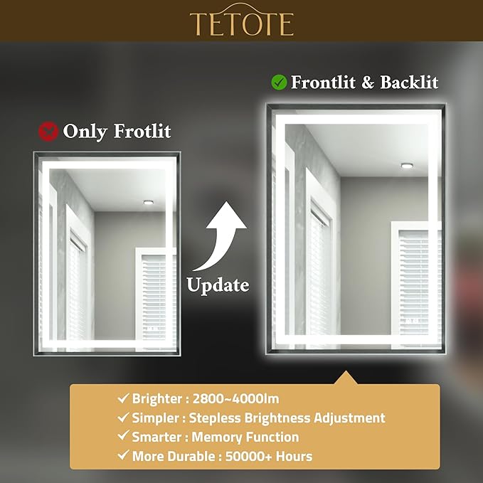 TETOTE 42 x 36 Bathroom LED Mirror Brushed Gunmetal Gray Frame Frontlit & Backlit Vanity Mirror Anti-Fog Stepless Dimmable 3 Colors White/Warm/Natural Wall-Mounted