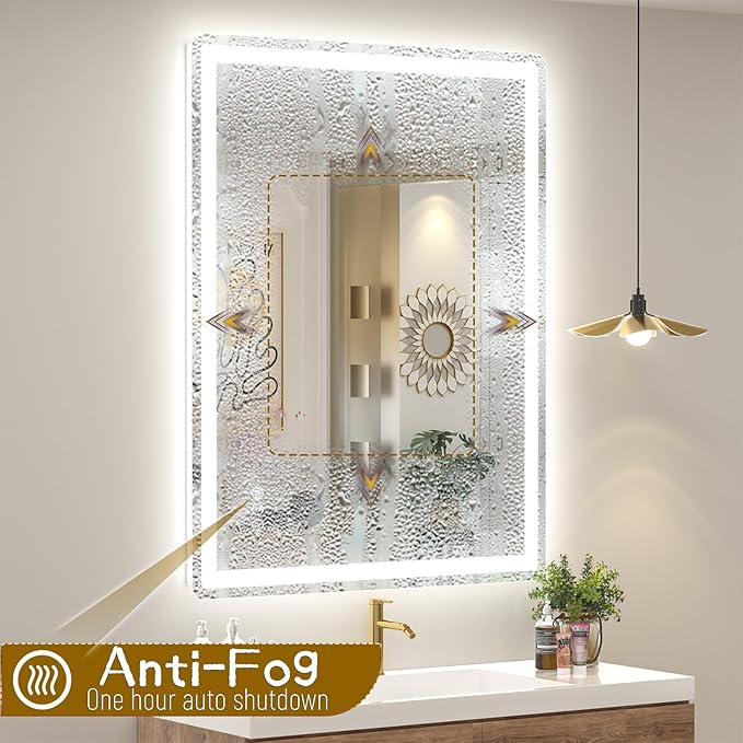 SMIROR LED Bathroom Mirror with Lights 24"x 36", Rounded Rectangle Lighted Vanity Mirror for Wall, Front Lit and Backlit, 3 Colors, Dimmable, Anti-Fog, Tempered Glass (Horizontally/Vertically)