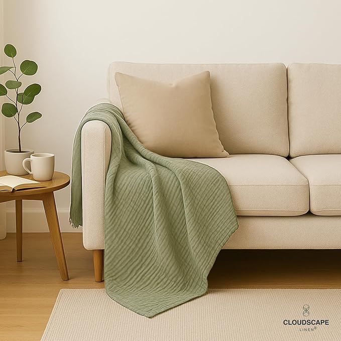 Cloud Scape Linen Extra Large 8 Layer Muslin Throw Blanket - 100% Cotton Gauze, Soft and Breathable, Winter Blanket for Couch, Sofa and Bed, Idea, 50x70, Sage Green