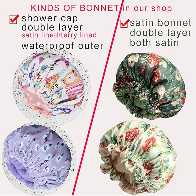 Satin bonnet for women 2PCS silk hair bonnet cap reversible for sleeping Adjustable Night sleep cap for curly natural hair double-layer and Washable (White Green flower)