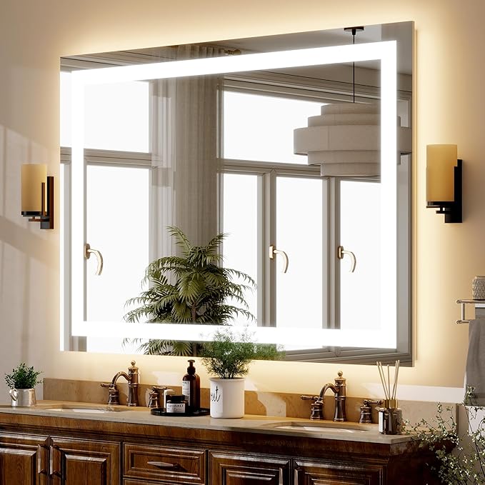 GLSLAND 30"x40" LED Bathroom Mirror with Lights, Dimmable Front and Backlit Vanity Mirrors, Wall Mounted Anti-Fog Lighted Mirror, Horizontal/Vertical Hanging