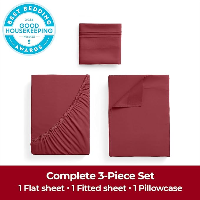 Mellanni Extra Deep Twin Sheets - 3 PC Iconic Collection Bedding - Hotel Luxury, Ultra Soft, Cooling Bed Sheets - Wrinkle, Fade, Stain Resistant (Twin, Brick Red)