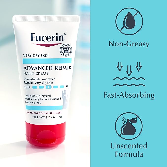 Eucerin Advanced Repair Hand Cream, Immediately Soothes and Repairs Very Dry Skin, Fragrance Free, Non Greasy, Fast Absorbing, Travel Size Hand Lotion, 2.7 Oz Tube, Pack of 3