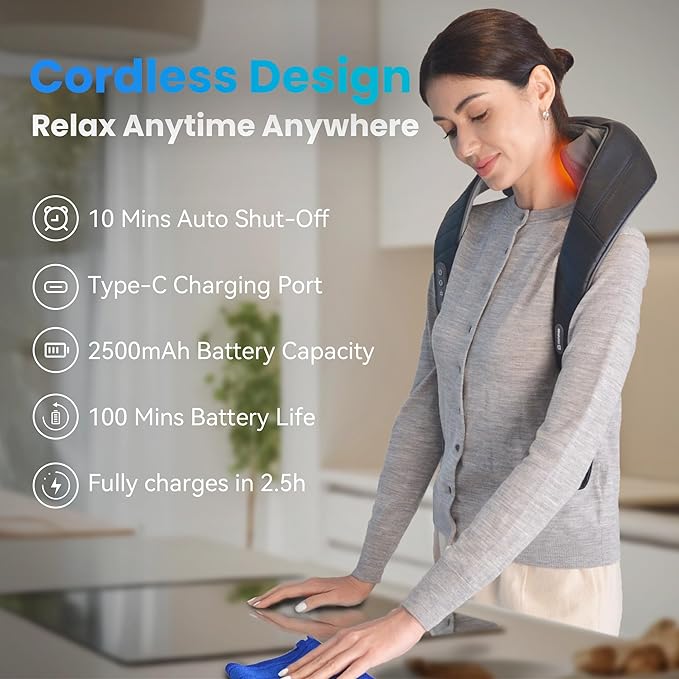 COMFIER Cordless Neck Shoulder Massager with Heat, Shiatsu Back Massager for Pain Deep Tissue, 4D Kneading Massager for Neck Shoulder, Gifts for Mom/Dad