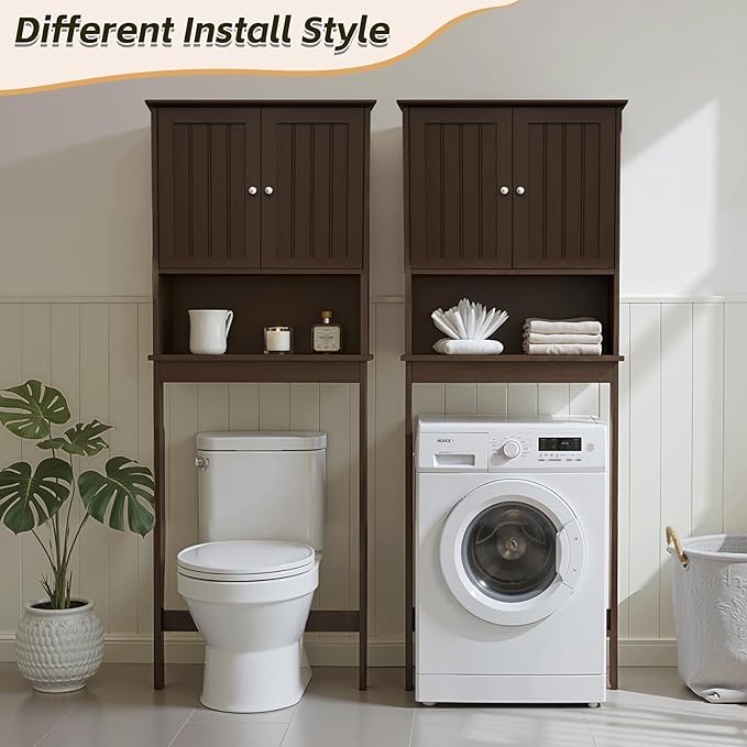 Over The Toilet Storage Cabinet, Behind Toilet Bathroom Organizer with Adjustable Shelves, Above Toilet Organizers with Barn Door, Space Saver for Restroom, Bathroom, Laundry