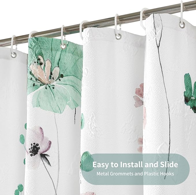 QiyI Watercolor Floral Shower Curtain, 3D Embossed Butterflies Sage Green Flower Bathroom Curtain, Minimalist White Cloth Bath Curtains, Waterproof Fabric Textured Shower Curtain Set with Hooks, 72x72