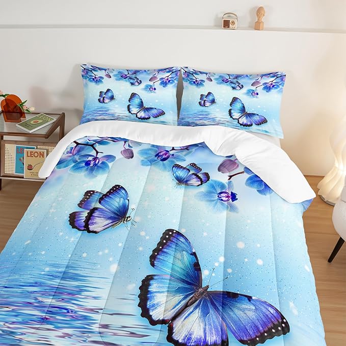 Fantasy Blue Themed Aesthetic Bedding Full Comforter Set,Butterflies on Water with Falling Flowers Comforter Sets for Kids Girls Boys,Pretty Butterfly Pattern Bedding Sets with 2 Pillowcases.