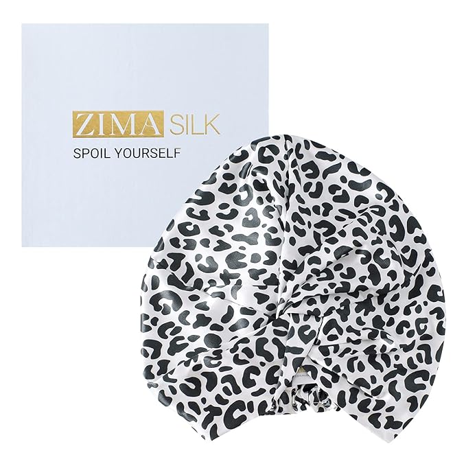 ZIMASILK 22 Momme 100% Mulberry Silk Bonnet for Sleeping & Women Hair Care, Highest Grade 6A Silk Hair wrap for Sleeping with Premium Elastic Stay On Head (1Pc, Leopard Black/White)