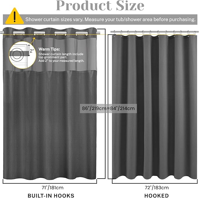 No Hook Shower Curtain with Snap in Liner Set Waffle Shower Curtain for Bathroom Hotel Style Fabric Waterproof Inner Liner，71" W x 86" H, Dark Grey