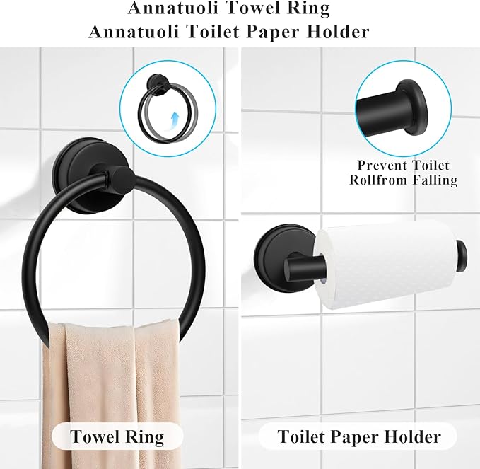 5 Piece Suction Cup Bathroom Accessories Set, Adjustable 12-21 Inches Suction Cup Towel Bar Towel Racks, Robe Towel Hooks Toilet Paper Holder for Glass Shower Door Bathroom Matte Black