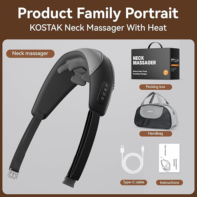 Shiatsu Neck and Shoulder Massager with Heat for Pain Relief Deep Tissue, Portable Massagers for Neck and Back, Gifts for Men and Woman (Black with Leather Handbag)