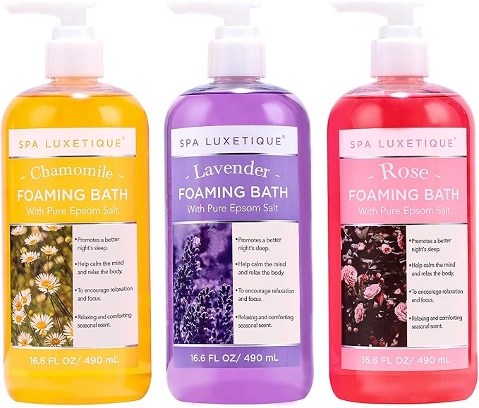 Spa Luxetique Bubble Bath, Foaming Bath with Epsom Salt, Chamomile Rose and Lavender Scent Bathing Set, 3 Pack 49.8 fl oz Christmas Gifts Set for Women and Men