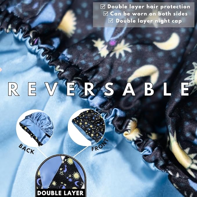 100% Mulberry Silk Bonnet for Sleeping Women, Handmade in USA 19 Momme Double Layer Reversible Silk Hair Wrap with Adjustable Ties, Non-Slip Sleep Cap for Curly & Natural Hair (sun and Moon)