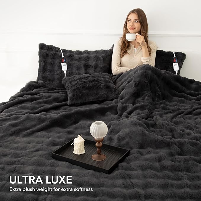 Faux Rabbit Fur Bubble King Size Heated Blanket Dark Grey - Fluffy Thick Electric Blanket with Dual Control, 6 Heating Levels & 10 Timer Settings, ETL Certified, Home Decor (100" x 90")