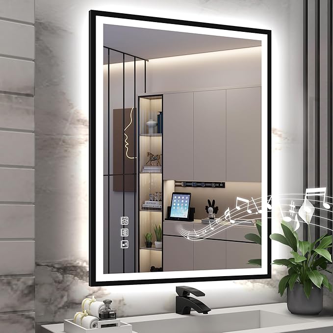S·BAGNO 32''x24'' LED Bathroom Mirror with Lights, Bathroom Vanity Wall Mirror with Buletooth, Anti-Fog, Stepless Dimmable, 3 Colors, Tempered Glass Lighted Vanity Mirror for Bathroom