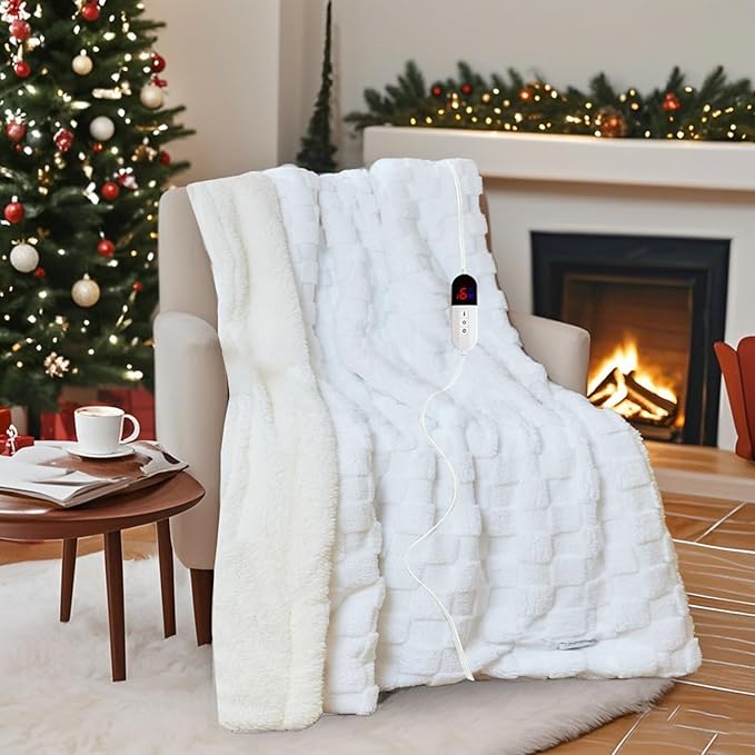 Electric Blanket Throw - Soft Checked Flannel with 6 Heating Levels, 4 Hours Auto-Off, Fast Heating, ETL & FCC Certified, 50"x60", Overheating Protection, Cozy Heated Blanket Throw（White）