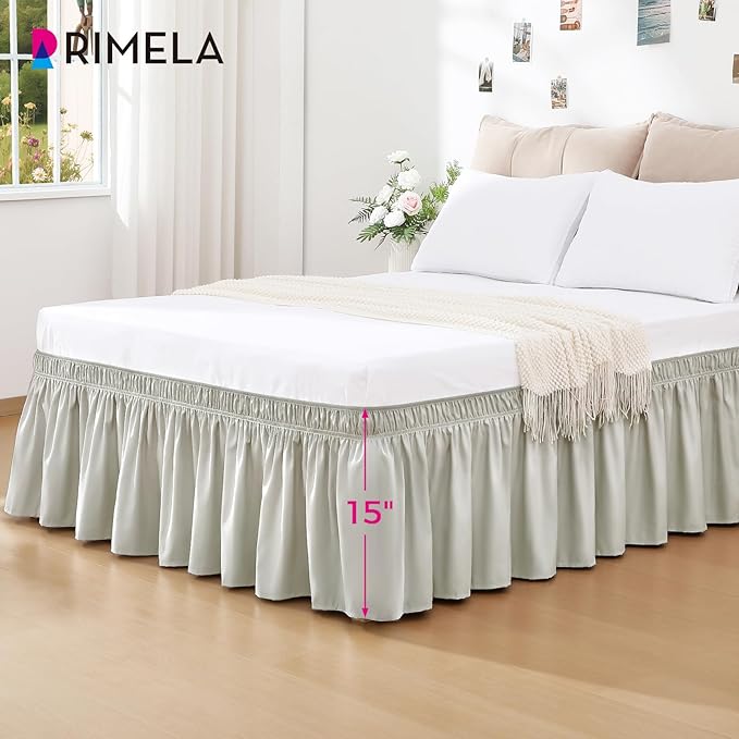 RIMELA Light Grey Bed Skirt Queen Size 15 Inch Drop, Wrap Around Elastic Bedskirt, Dust Ruffle for Adjustable Bed Base Machine Washable Easy to Install Bed Skirts