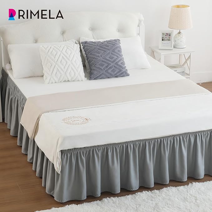 RIMELA Light Grey Bed Skirt Full Size 12 Inch Drop, Elastic Bed Skirting for Bed Base and Frame, Bedding Dust Ruffle Easy to Install, Lightweight Wrap Around Adjustable Bedskirt