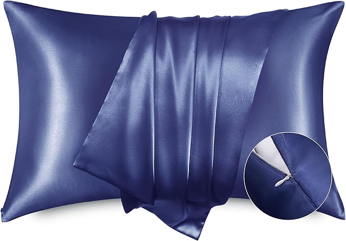 Bedsure Satin Pillowcase with Zipper, Similar to Silk Pillow Cases 2 Pack, Silky & Soft Satin Pillow Cases Standard Size for Hair and Skin, Navy Pillow Covers, Gifts for Women Men, 20x26 Inches