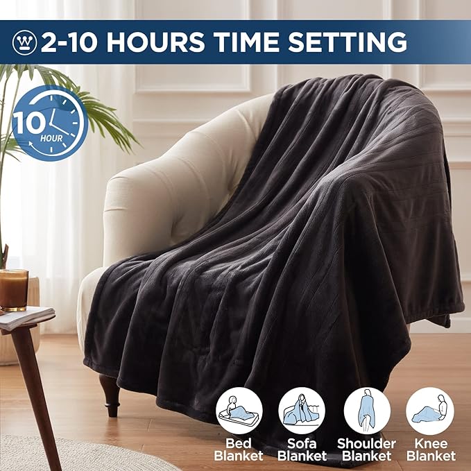 Westinghouse Electric Blanket Heated Throw, Super Cozy Soft Flannel 50"" x 60"" Heated Throw with 6 Fast Heating Levels & 2-10 Auto-Off, Machine Washable, ETL&FCC Certification, Home Office Use, Grey
