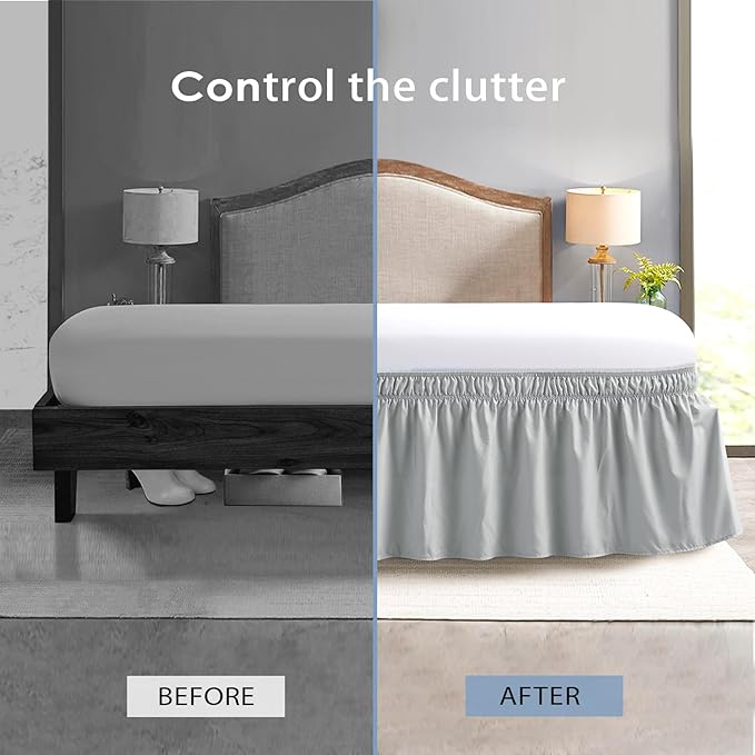 FreshCulture Elastic Wrap Around Bed Skirt - Easy Fit with 15-Inch Tailored Drop, Hotel Quality Dust Ruffle for Full Size Bed (Light Grey)