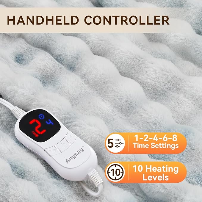 Heated Blanket Throw with 1/2/4/6/8 Hours Auto-Off 10 Heat Level, 50'' * 60'' Cozy Faux Rabbit Fur Bubble Electric Blanket with Overheat Protection(Blue)