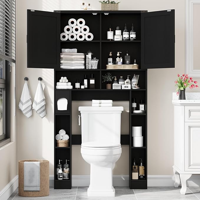 Over The Toilet Storage Cabinet, Farmhouse Storage Cabinet Over Toilet with 2 Barn Doors ，Toilet Paper Holder Stand，Home Space-Saving Toilet Rack, for Laundry, Restroom, Bathroom.Black