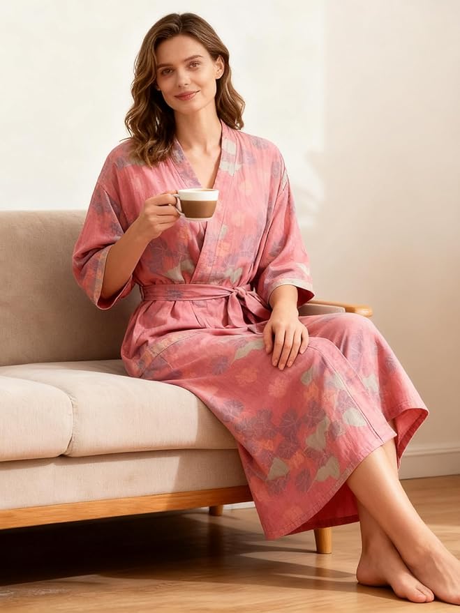 Women Cotton Double Gauze Jacquard Kimono Robe Bathrobe with Belt Pocket Comfortable Loungewear Yukata Sleepwear