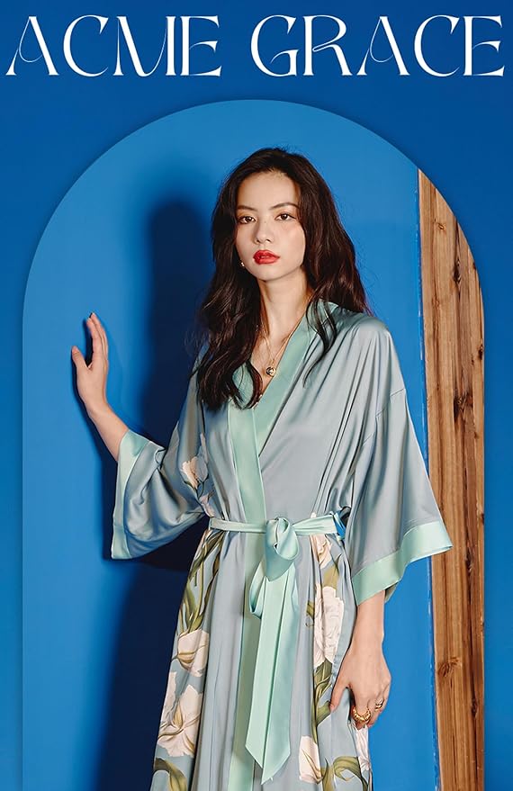 Silk Satin Robe for Women Long Japanese Kimono Robe Lightweight Soft Bathrobe Floral Luxury Dressing Gown