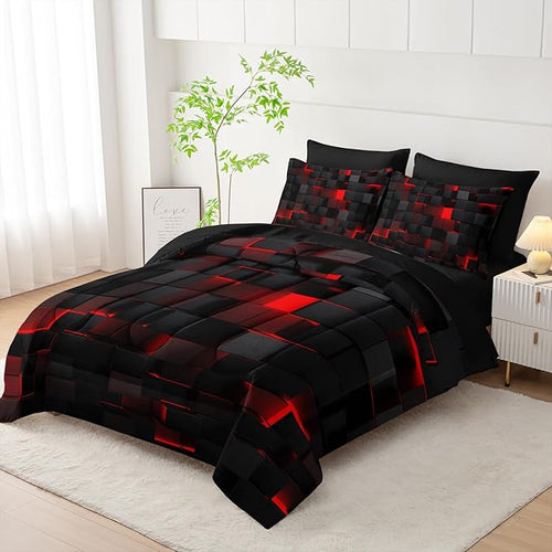7pc Black & Red Comforter Set Queen - 3D Cube Bed in a Bag, Geometric Pattern, Soft Microfiber Bedding, All Season
