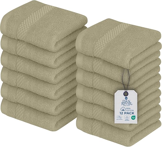 DAN RIVER 12-Pack Premium 100% Cotton Beige Face Towels – Reusable Face Towel Set, Soft & Absorbent Thin Wash Cloths for Bathroom & Body – Hand and Face Towels, 550 GSM (12x12 in)