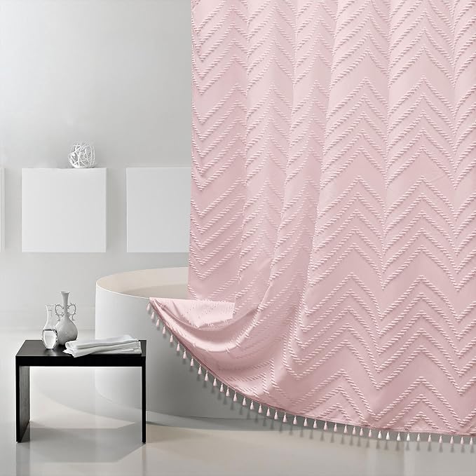 Extra Long Shower Curtains 72 x 84 Inches Tufted Chevron Pink Shower Curtains Fabric for Bathroom Modern Shabby Chic Waterproof Cloth Shower Curtain