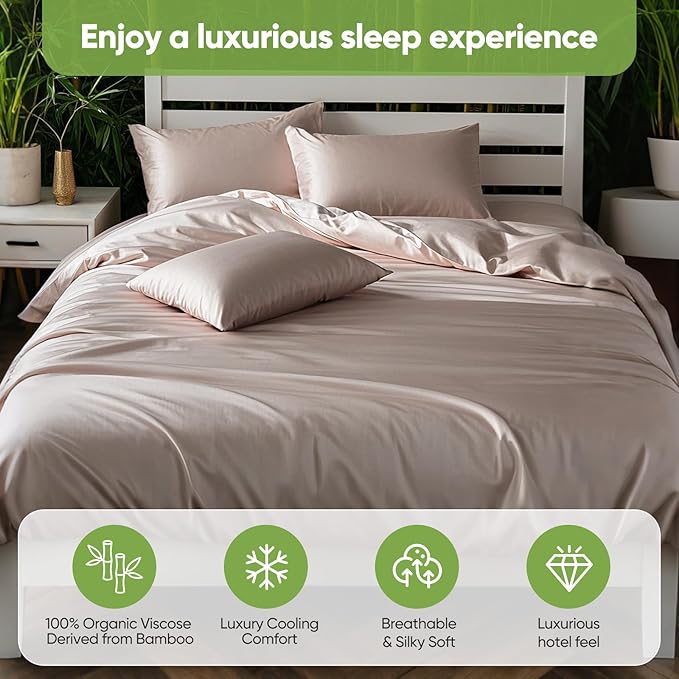 TWK Luxury Sheet Set, Genuine 100% Viscose Derived from Bamboo, Cooling & Breathable, Silky Soft, Bedding Sheets & Pillowcases(Sand Queen(60 * 80 * 15))