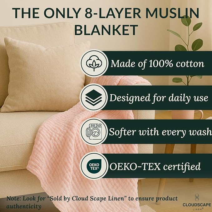Cloud Scape Linen Extra Large 8 Layer Muslin Throw Blanket - 100% Cotton Gauze, Soft and Breathable, Winter Blanket for Couch, Sofa and Bed, Idea, 50x70, Seashell Pink