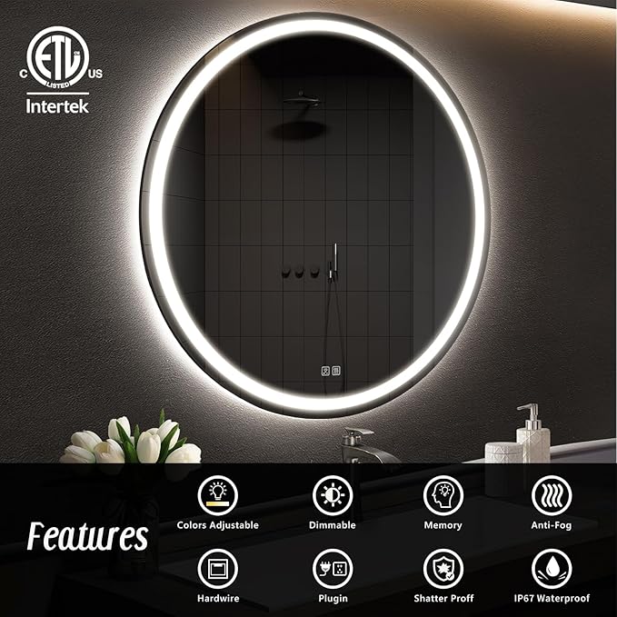 APRILSOUL 32 Inch Round LED Bathroom Mirror with Lights, Makeup Mirror with Front and Backlit, Anti-Fog, 3 Colors and Dimmable Light